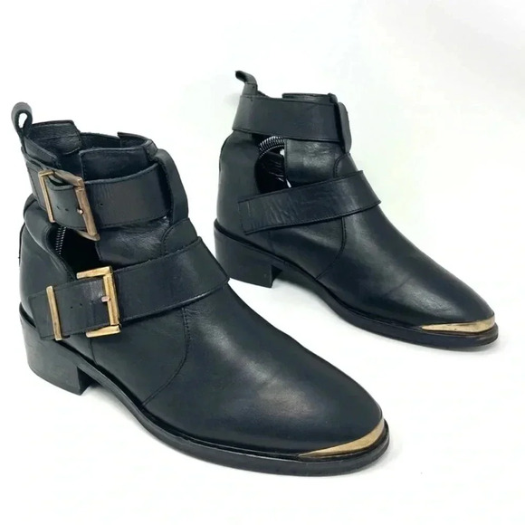 KG Kurt Geiger - Black Leather Moto Boots with Front Gold Caps - Picture 1 of 10